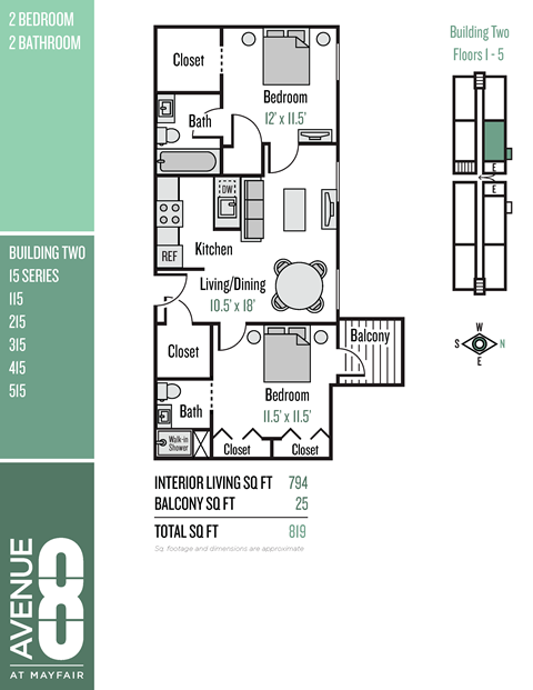 Floor plan for 2 beds, 2 baths, 794 sqft